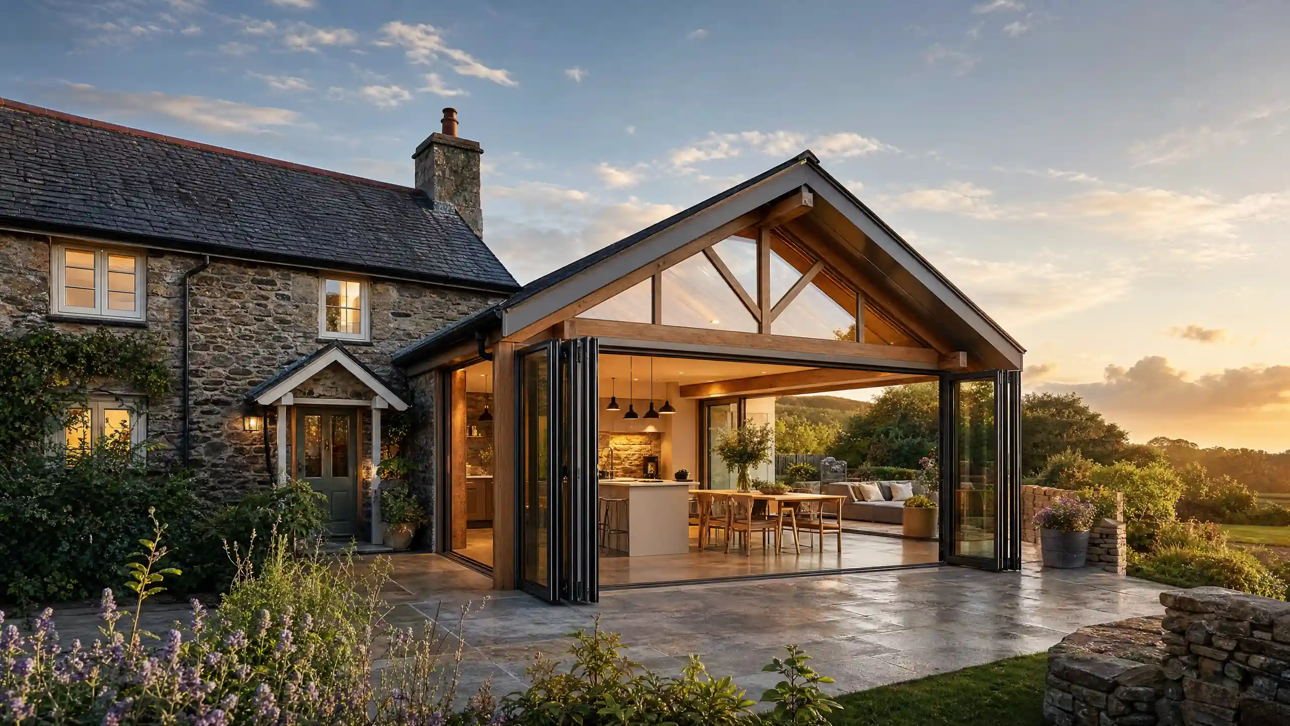 Oak-framed rear extension with bifold doors on a Cornish stone cottage — AVA Building Truro