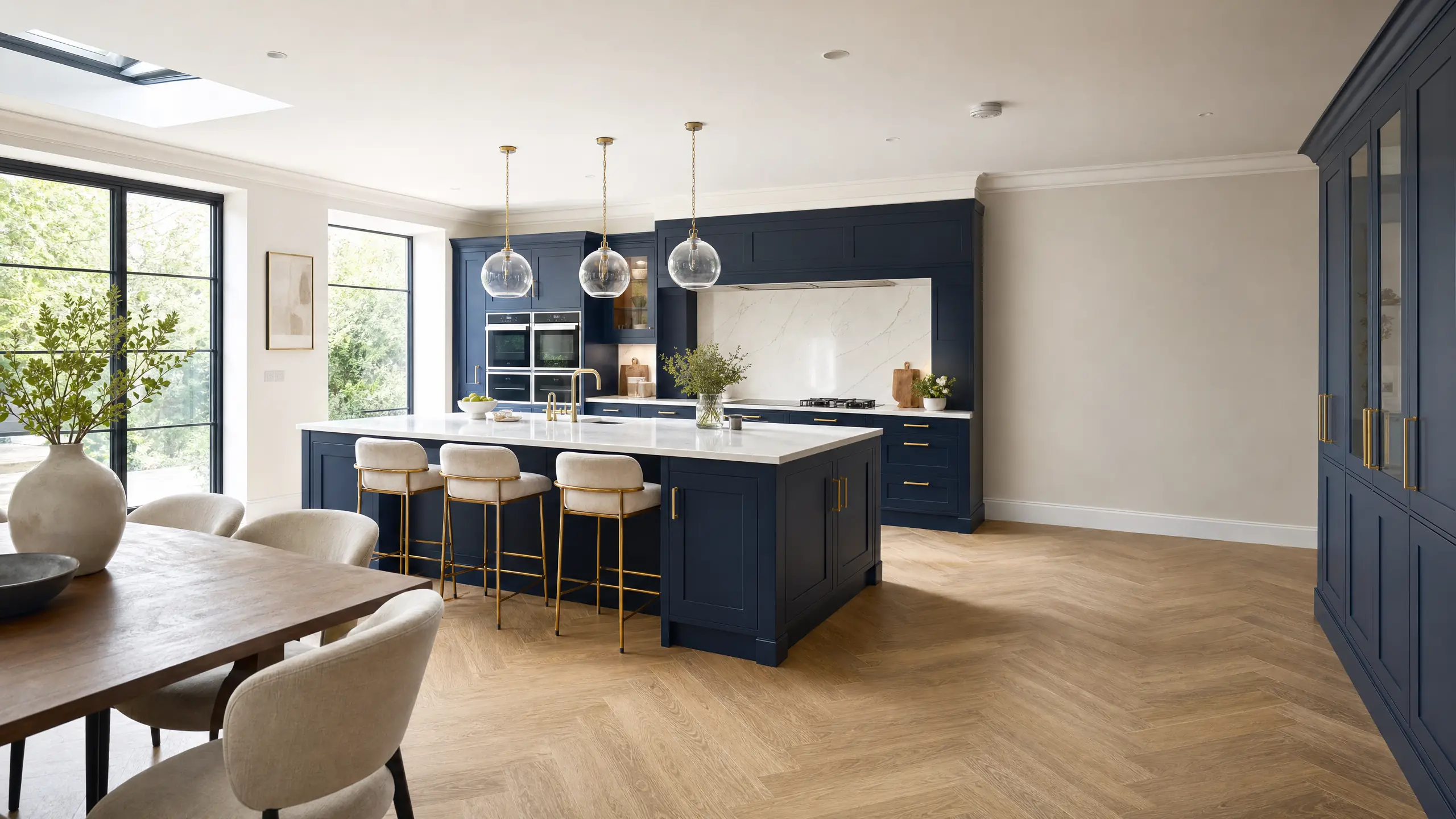 Luxury navy shaker kitchen with brass fittings and herringbone oak floor — AVA Building Truro
